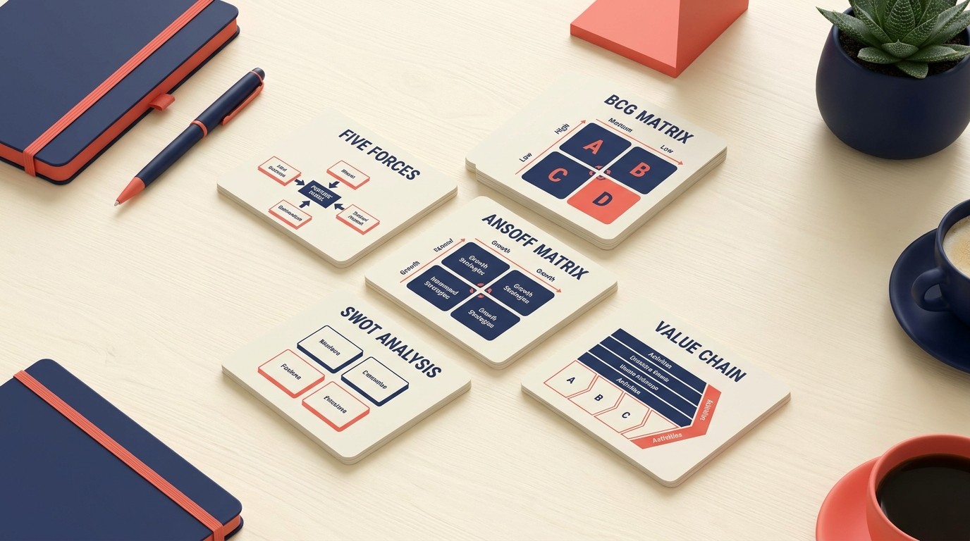 Core strategy frameworks reference with Porter's Five Forces, BCG Matrix, and Ansoff Matrix