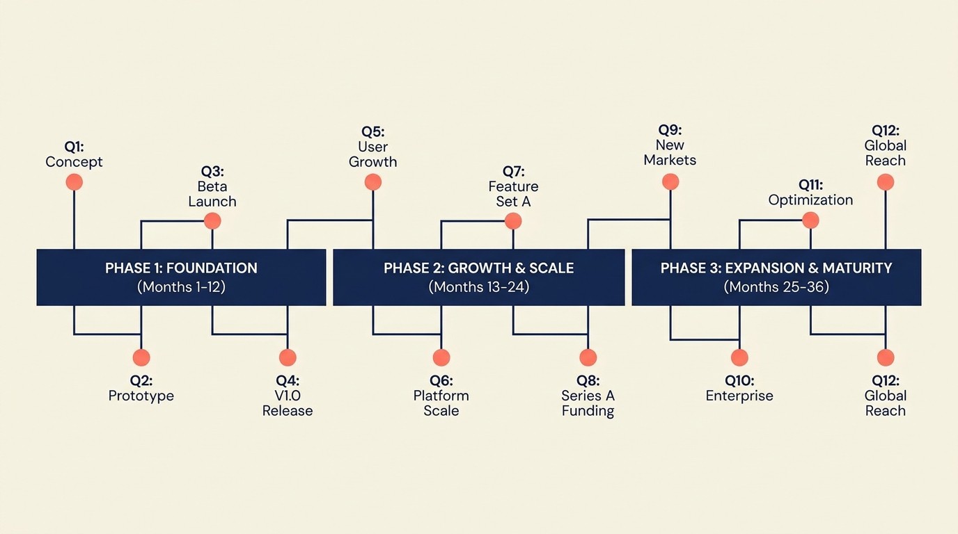 Implementation roadmap with phased initiatives, governance, and KPI tracking over 12-36 months