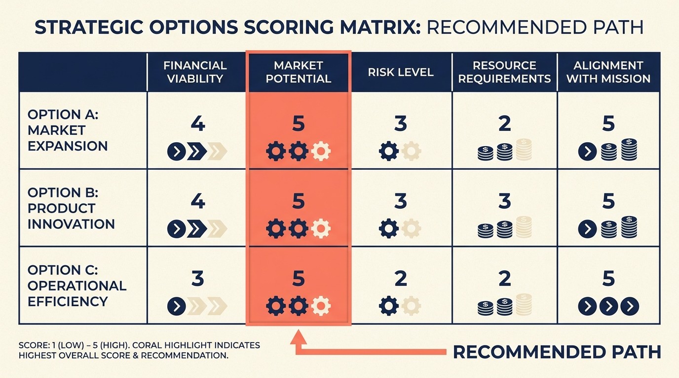 Options evaluation matrix scoring strategic alternatives against financial returns, fit, and risk