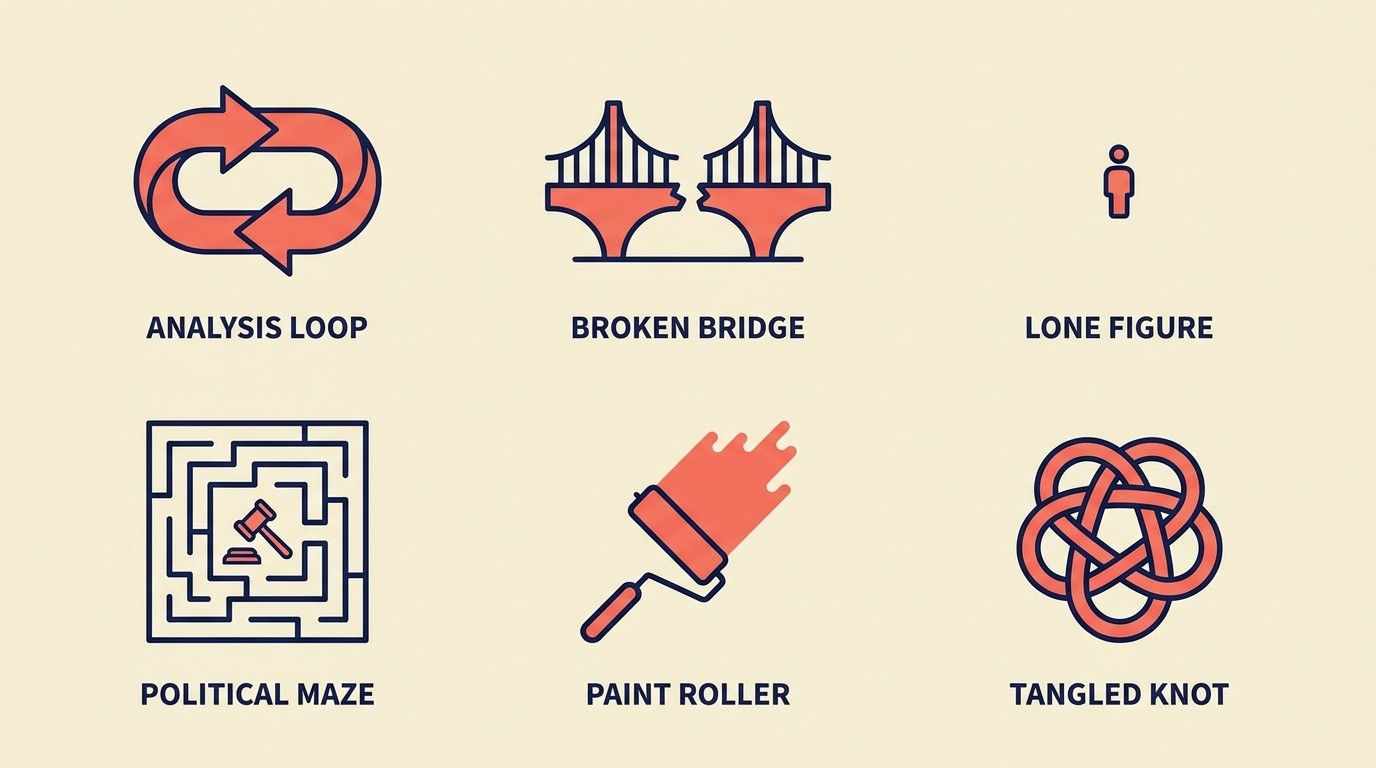 Six common strategy consulting pitfalls including analysis paralysis and disconnected recommendations