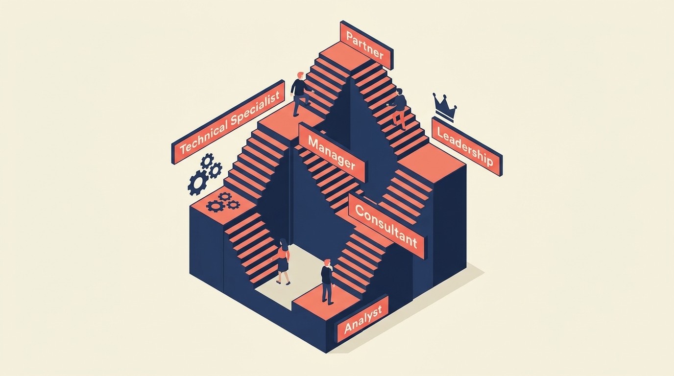 Professional services career ladder from analyst through consultant manager director to partner over time