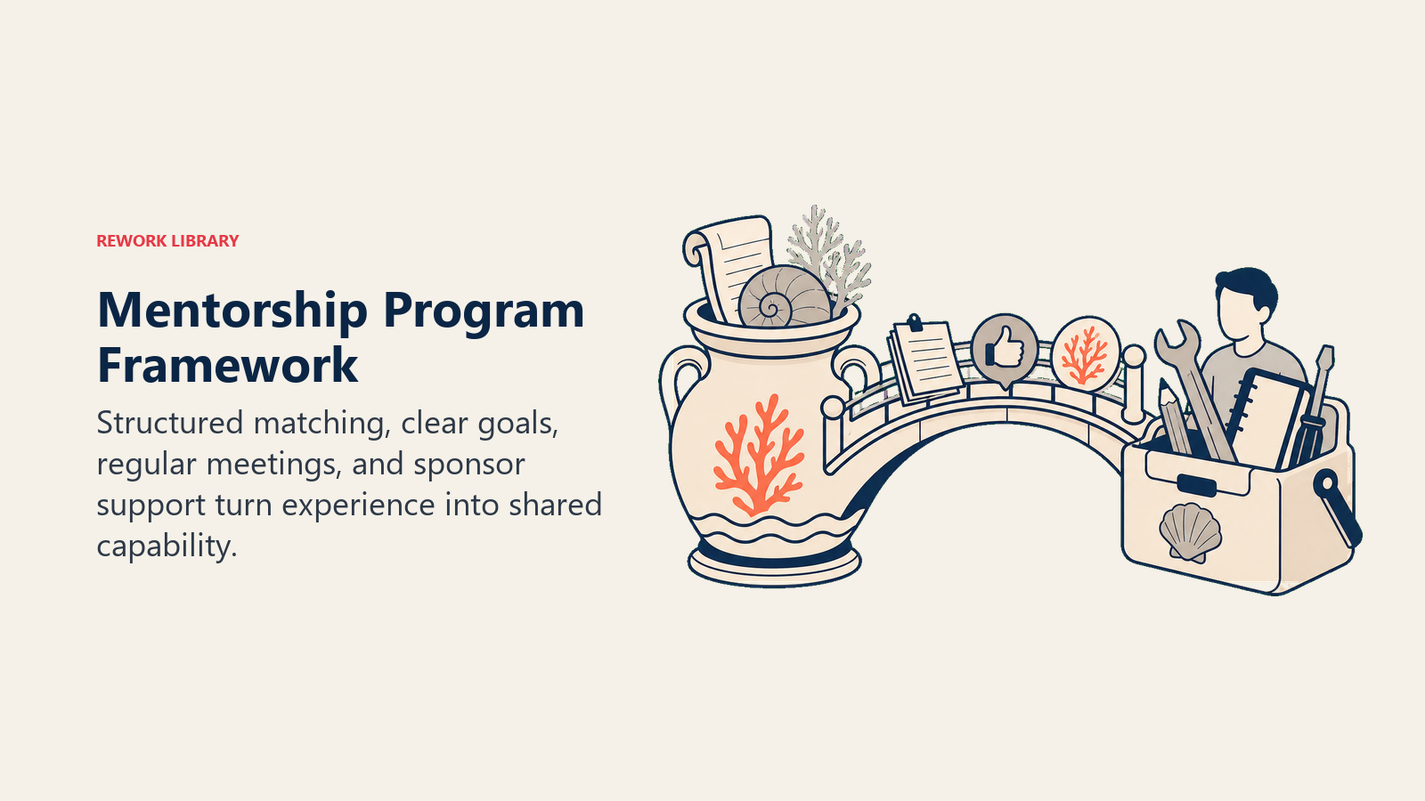 Mentorship Program Framework illustrated with knowledge transfer bridge