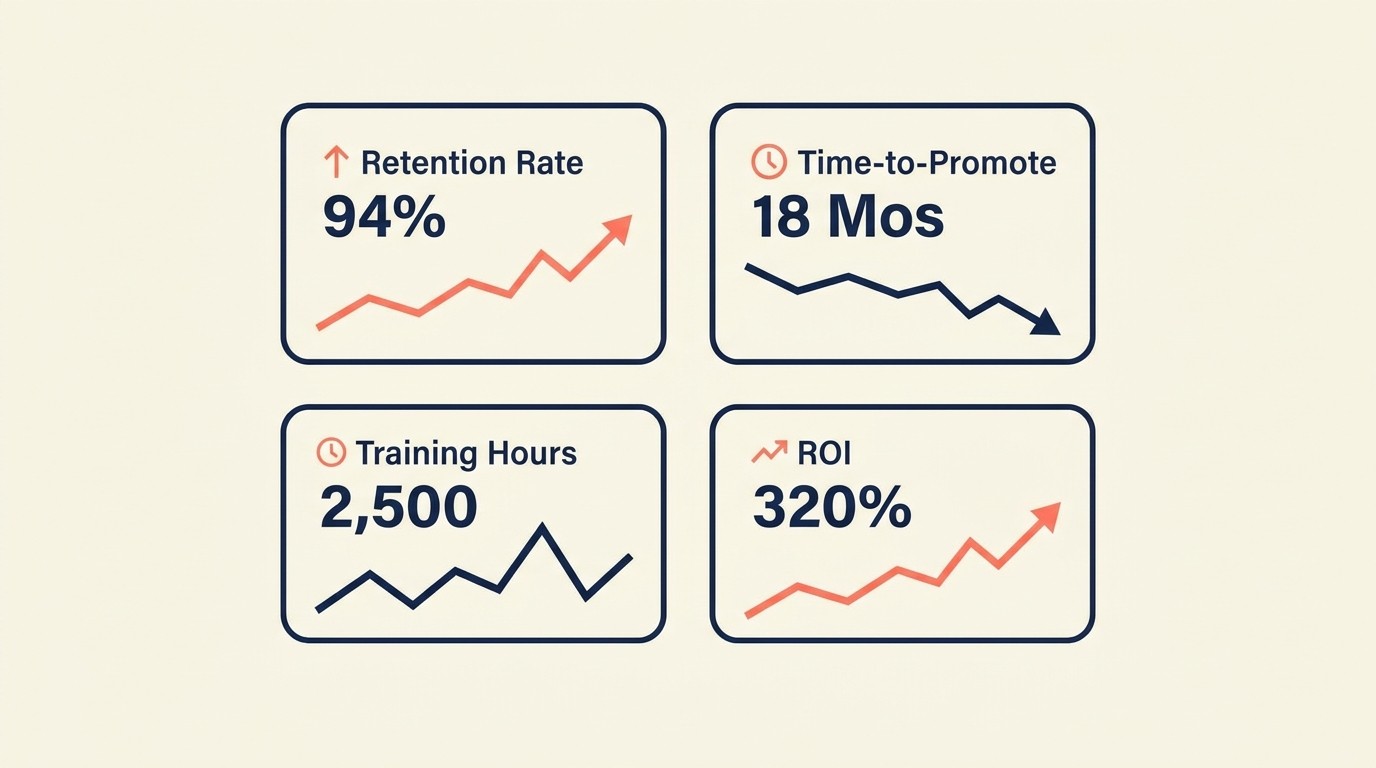 Development program metrics dashboard covering outcomes program activity engagement and financial impact