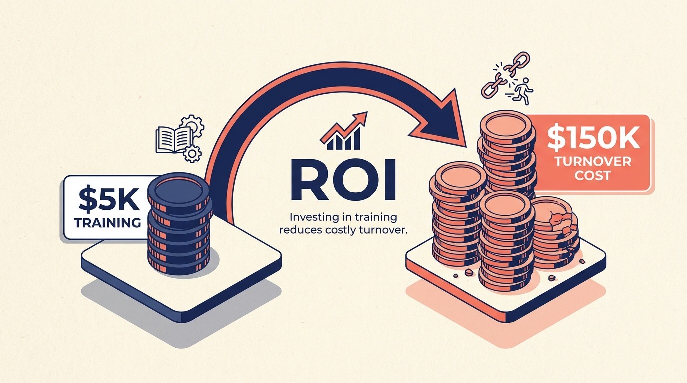ROI of talent development showing turnover cost 1.5x to 2.5x salary versus training cost per person