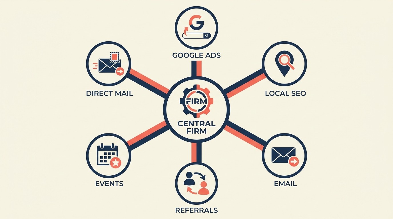 Marketing channel mix for tax firms spanning Google Ads, local SEO, email, referrals, and partnerships