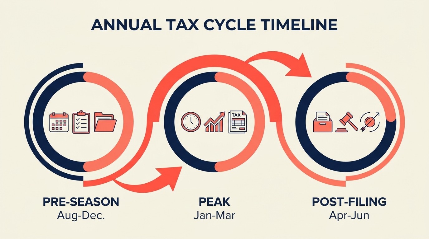 Tax season acquisition cycle showing pre-season, peak, and post-filing phases with client flow