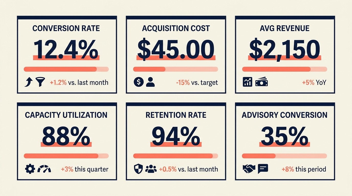 Tax season KPI dashboard tracking lead volume, conversion rate, CAC, retention, and advisory upsell