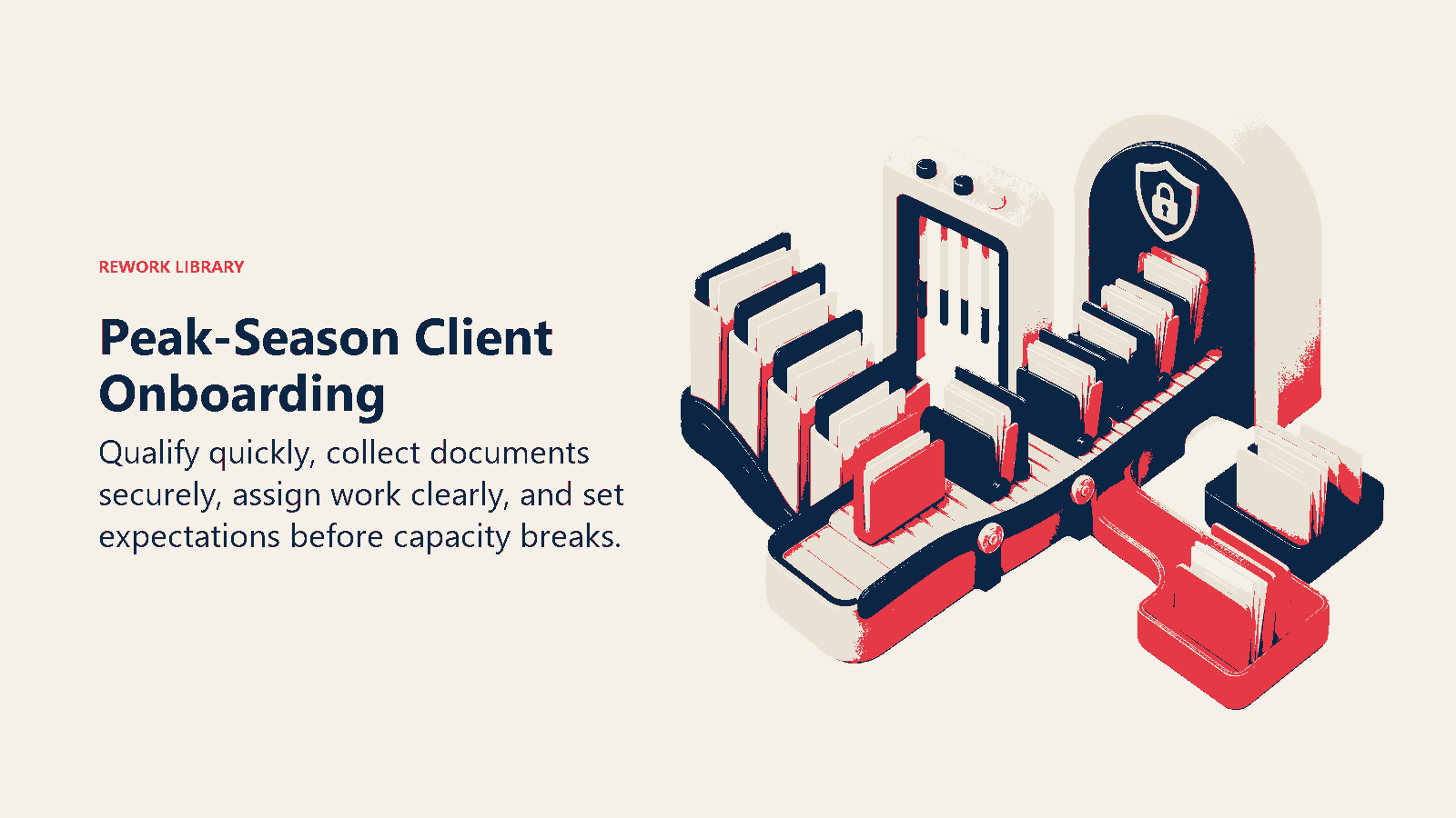 Peak-Season Client Onboarding shown as client folders move through qualification, portal, and assignment trays.