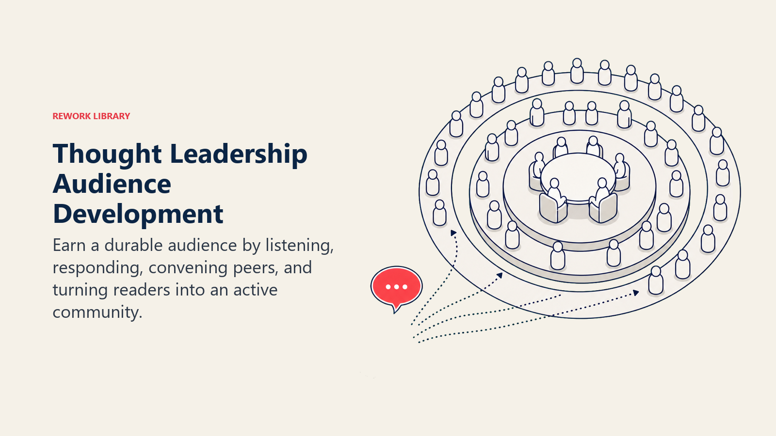 Thought Leadership Audience Development illustrated by a coral conversation seed growing into concentric audience rings around a central roundtable