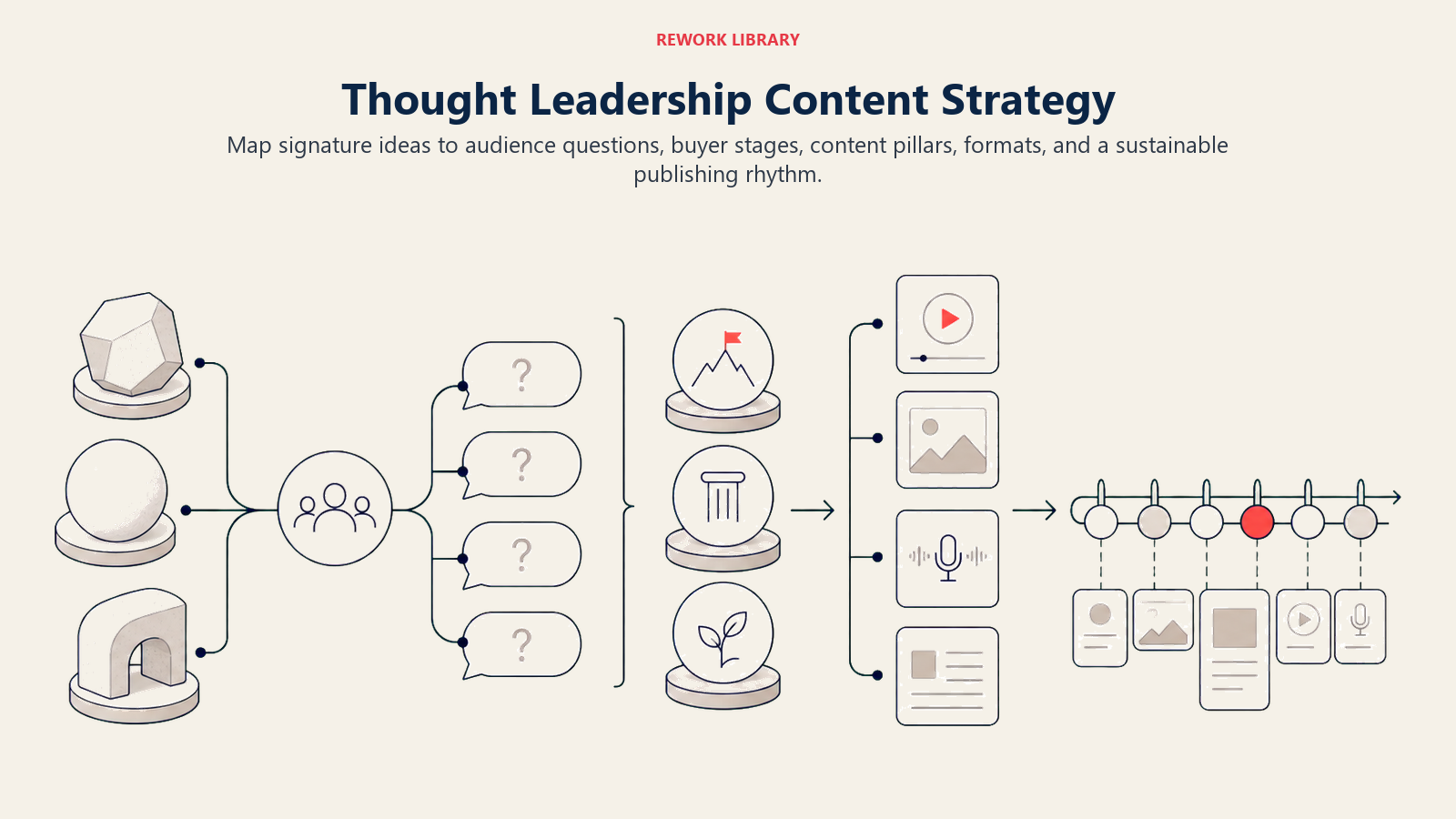 Thought Leadership Content Strategy illustrated by a wide editorial map connecting signature ideas to audience questions, three content pillars, multiple formats, and a calendar rail