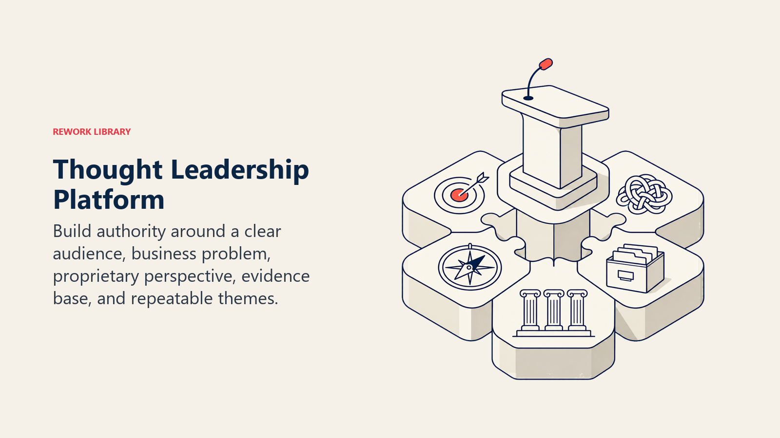 Thought Leadership Platform illustrated by a sturdy speaking platform assembled from five interlocking foundations: audience target, problem knot, viewpoint compass, evidence archive, and th