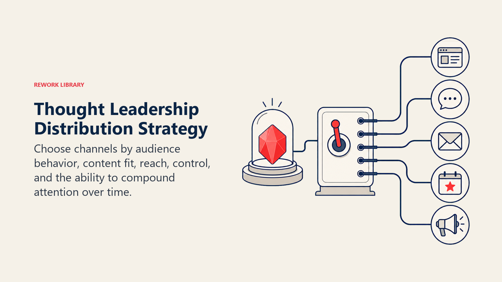 Thought Leadership Distribution Strategy illustrated by a distribution switchboard routing one strong idea artifact into owned, social, email, event, and earned-media channels