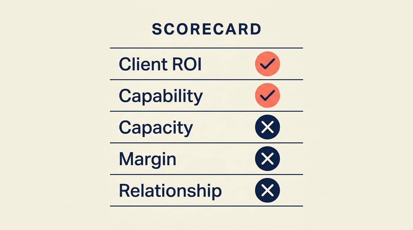 Five filters for evaluating expansion opportunities covering ROI, capability, capacity, pricing, and relationship readiness