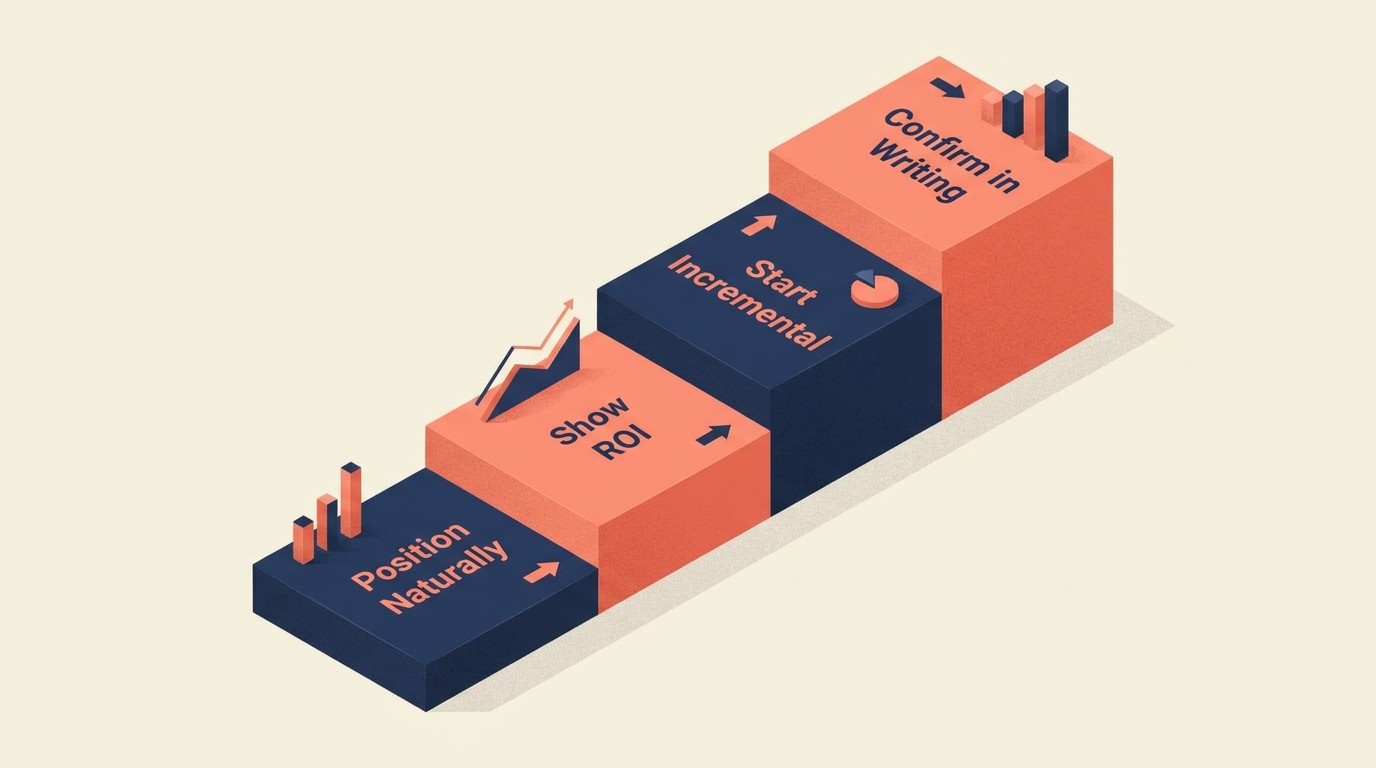 Executing upsell strategy through natural positioning, ROI demonstration, incremental phases, and clear proposals