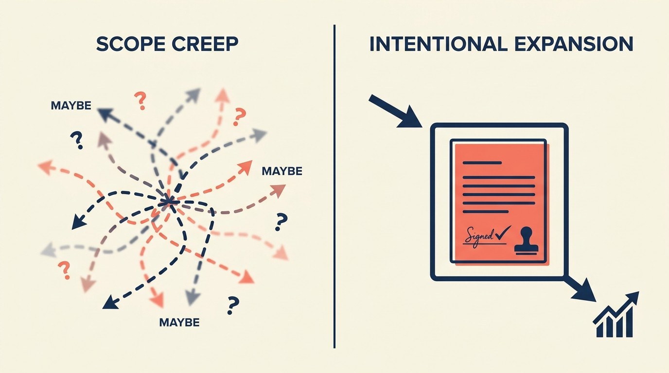 Contrast between uncompensated scope creep and intentional expansion with change order documentation