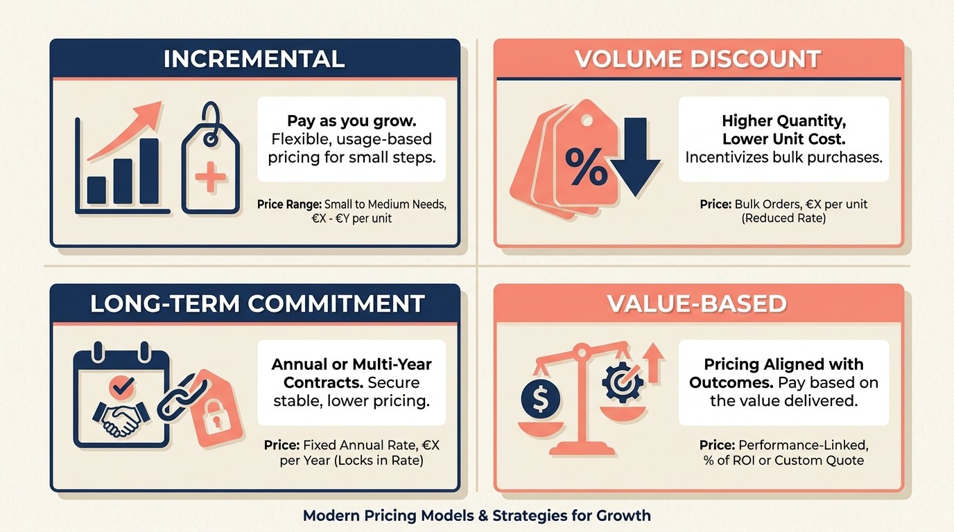 Pricing approaches for expansion work including incremental, volume, long-term, and value-based models