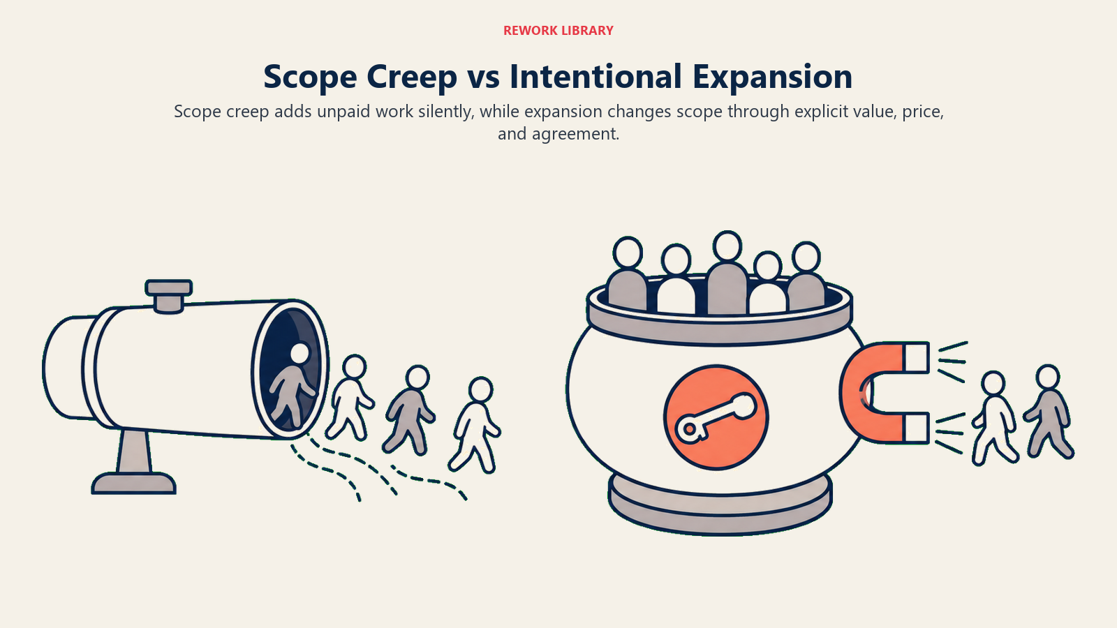 Scope Creep vs Intentional Expansion illustrated with scope creep expansion comparison