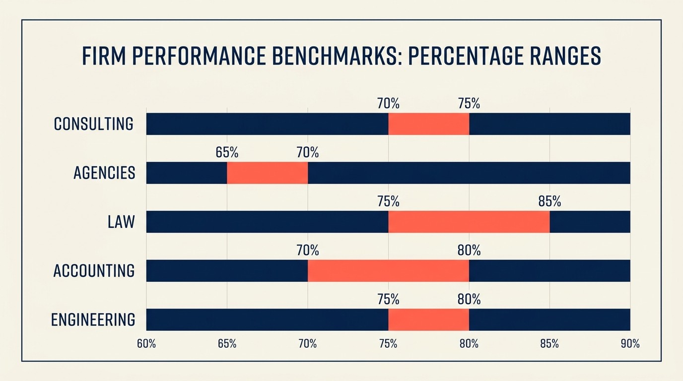Utilization benchmark ranges for consulting, agencies, law, accounting, and engineering firms showing target utilization rates by service type
