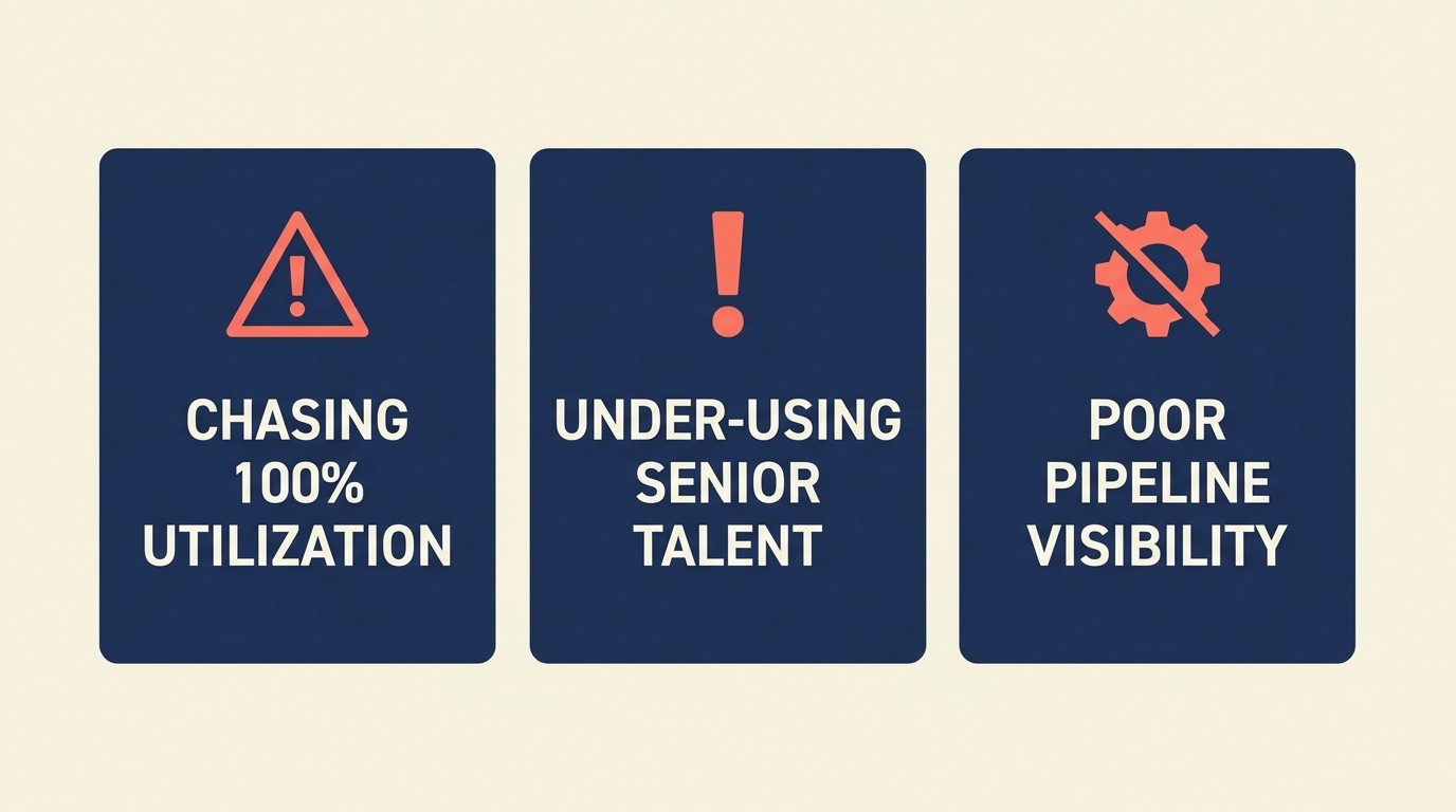 Common utilization pitfalls including chasing 100 percent utilization, under-using senior talent, poor pipeline visibility, and inflexible allocation