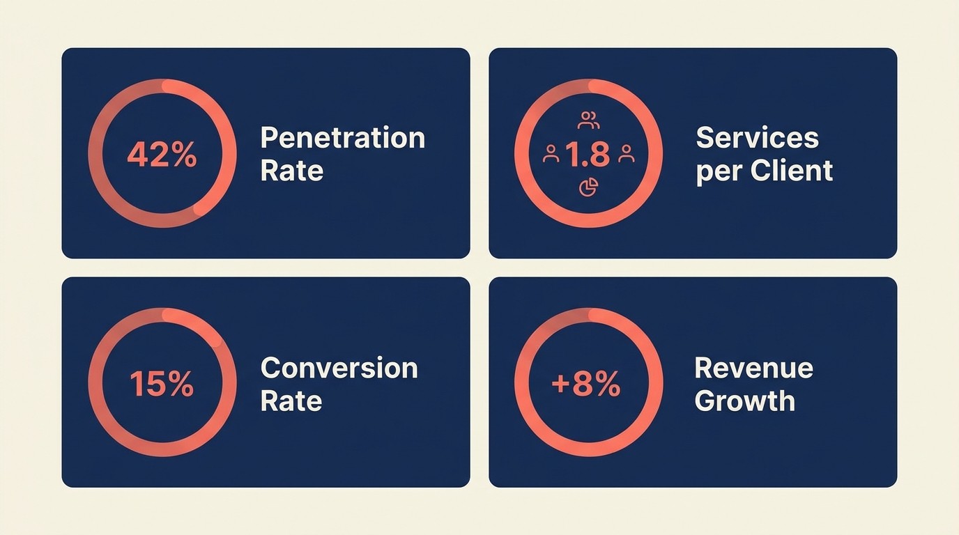 Dashboard showing account penetration rate, services per client, and white space conversion metrics