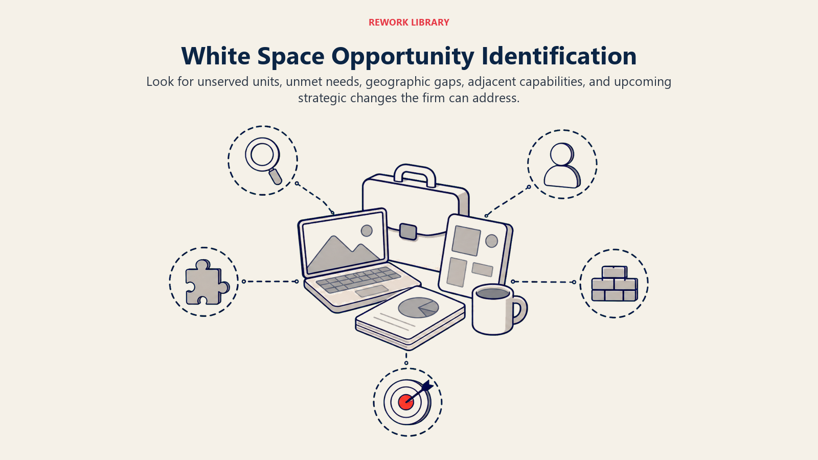 White Space Opportunity Identification illustrated by a wide account landscape where five distinct gaps are revealed around existing client work