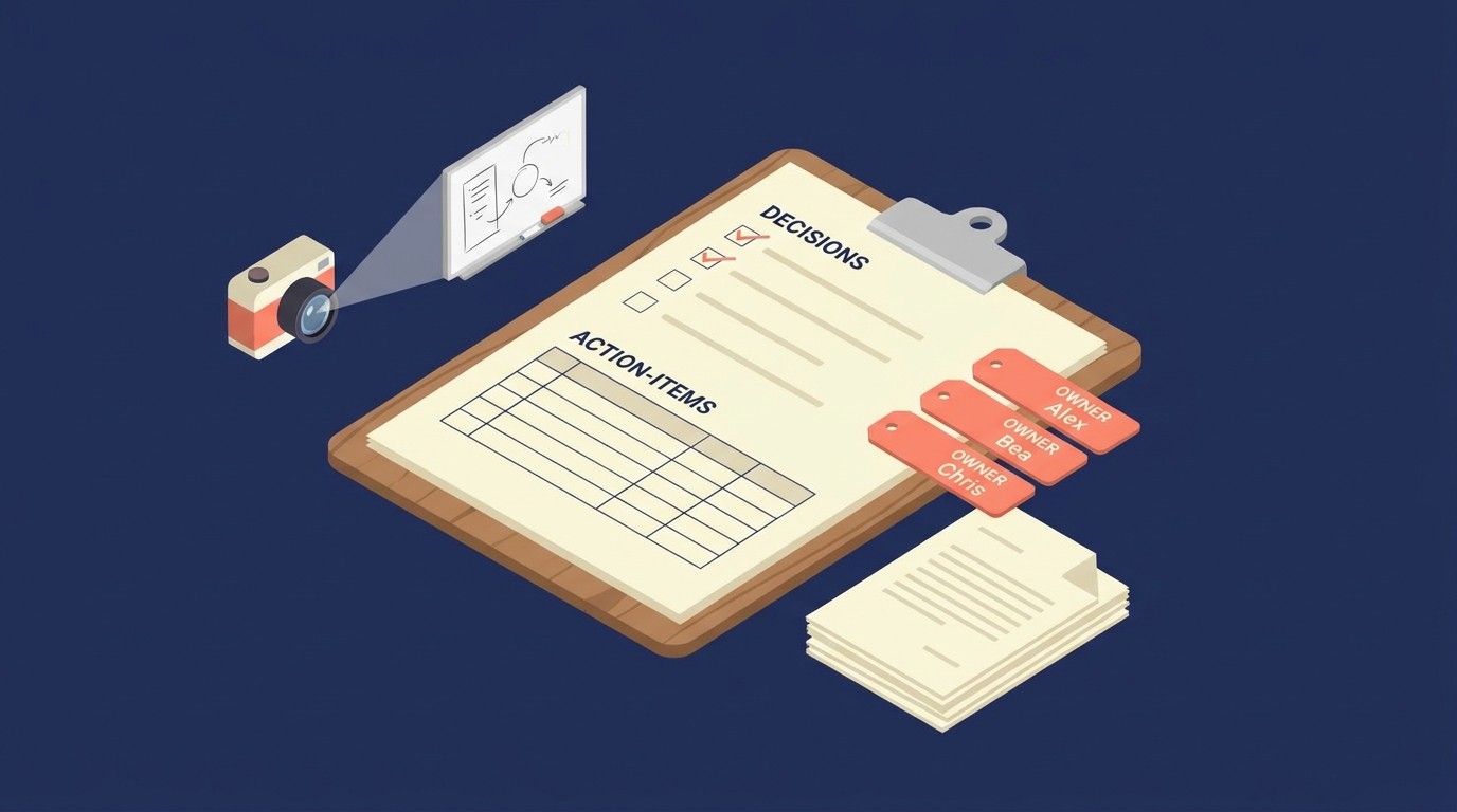 Workshop outputs being documented: decisions, action items, owners, deadlines, and visual captures