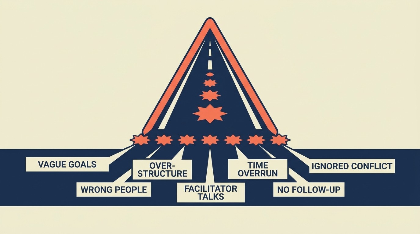Workshop failure patterns: vague objectives, wrong participants, over-structured agenda, dominant facilitator, weak follow-up