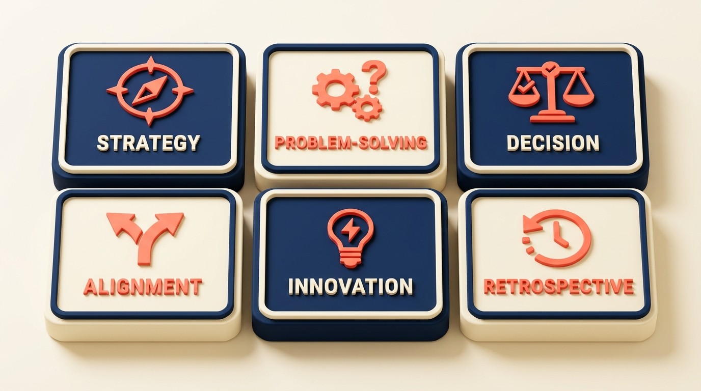 Six consulting workshop types: strategic planning, problem-solving, decision-making, team alignment, innovation, retrospective