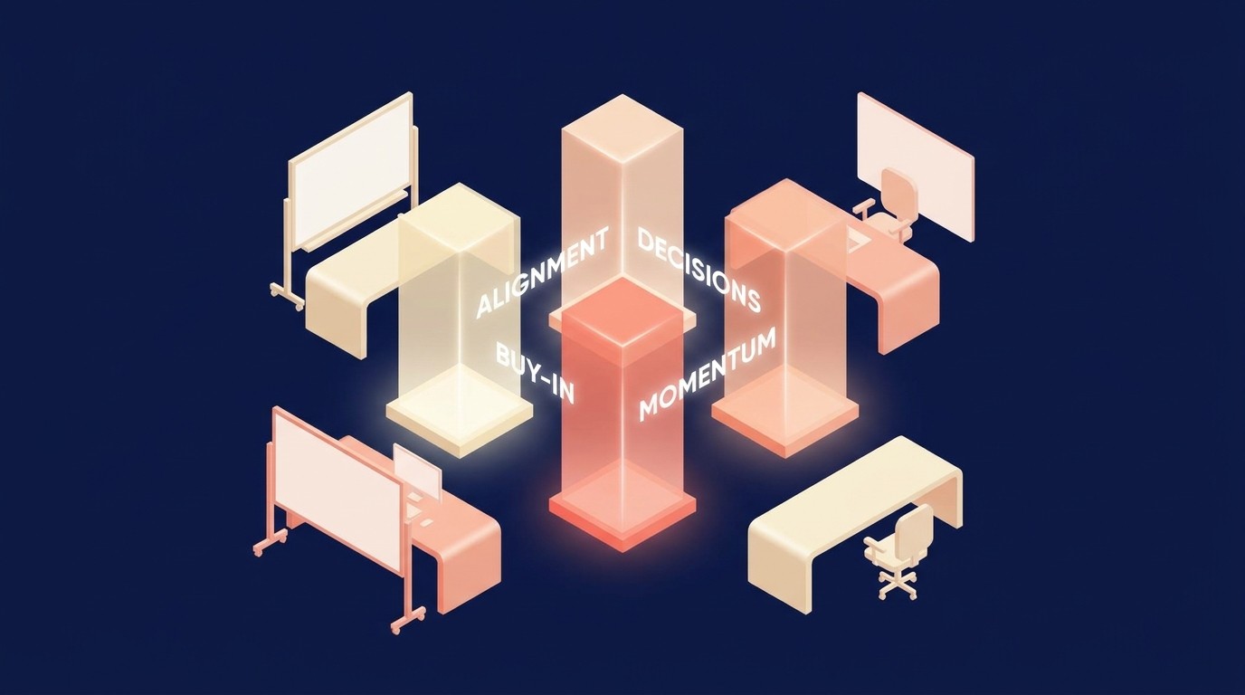 Four sources of workshop value: stakeholder alignment, faster decisions, team buy-in, and visible momentum