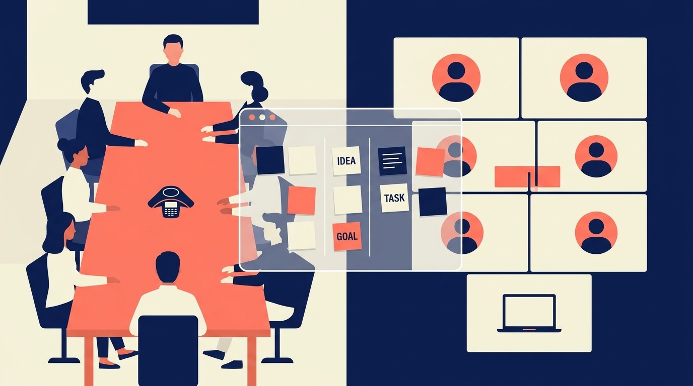 Virtual workshop setup with Zoom gallery, Mural board, breakout rooms, and polling tools