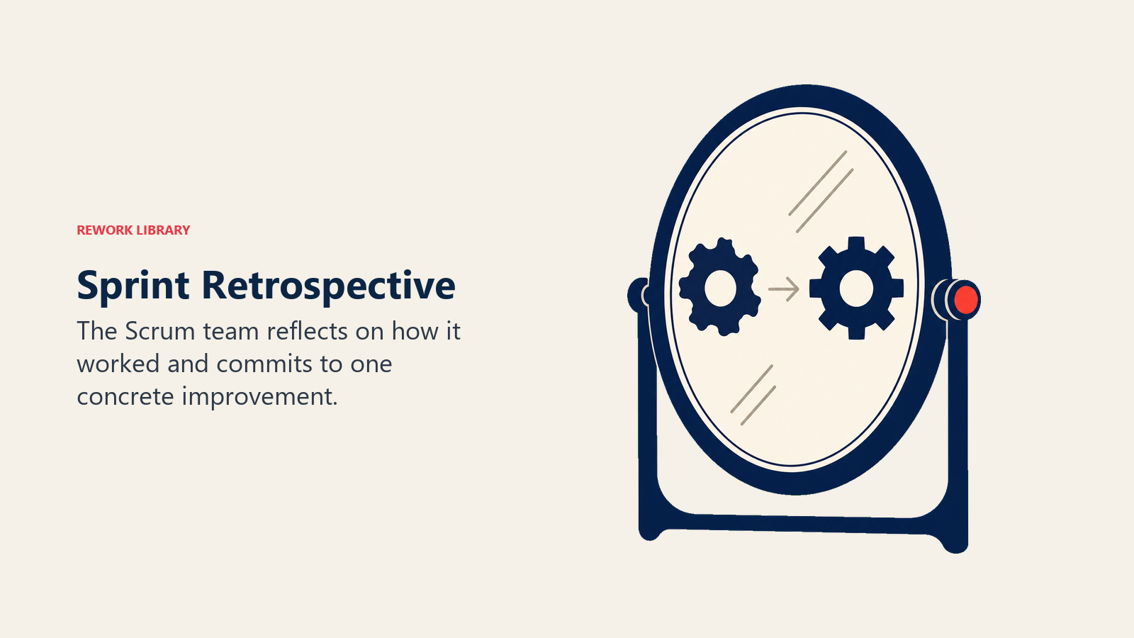 Sprint Retrospective visual showing mirror turning one rough gear into smoother gear