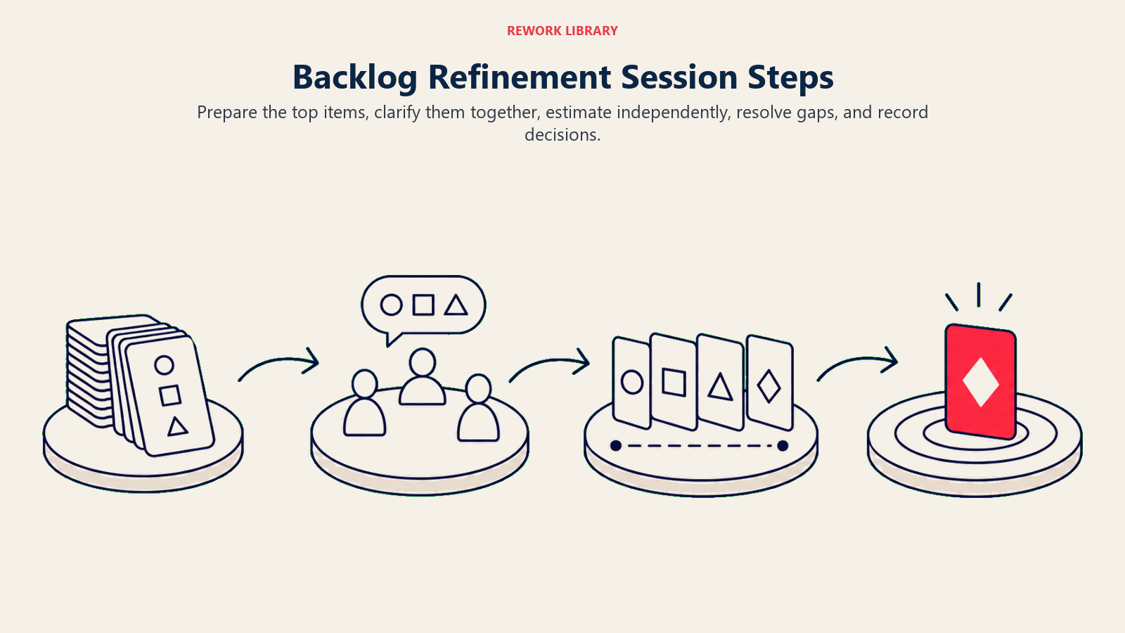 Backlog Refinement Session Steps: wide facilitated path with cards moving through prepare, discuss, estimate, decide