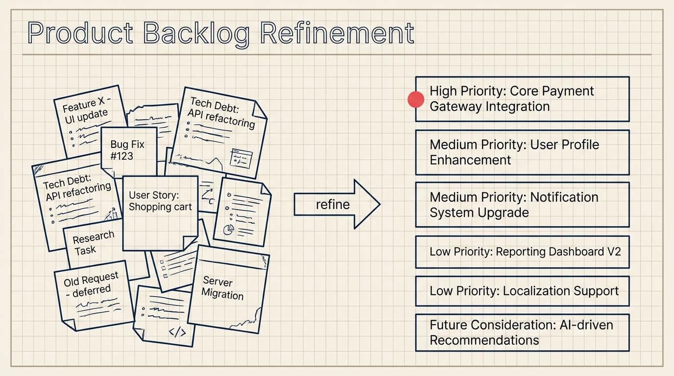 Backlog refinement process showing a messy list of items being sorted into a prioritized sprint-ready product backlog