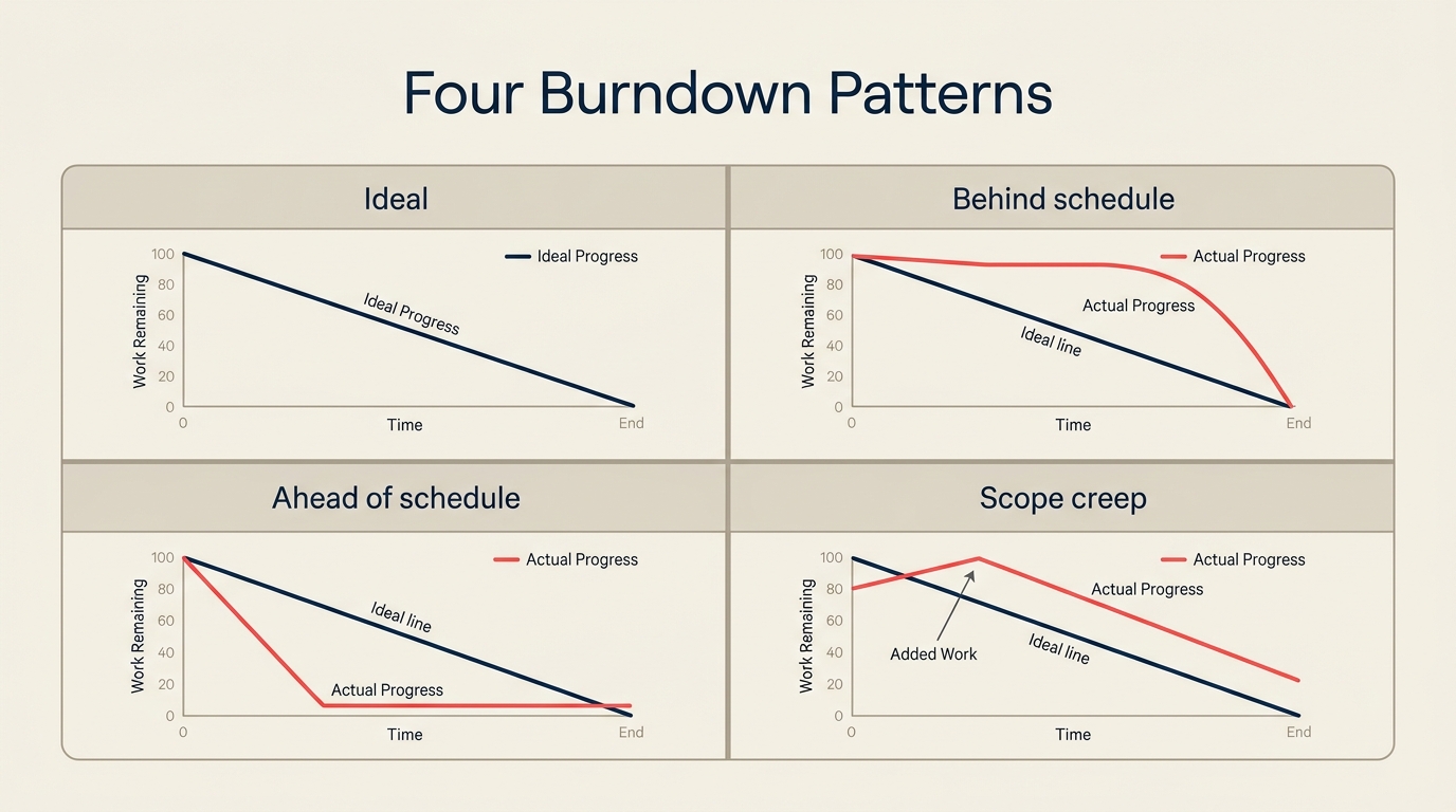 Four burndown chart patterns: ideal, behind, ahead, scope creep