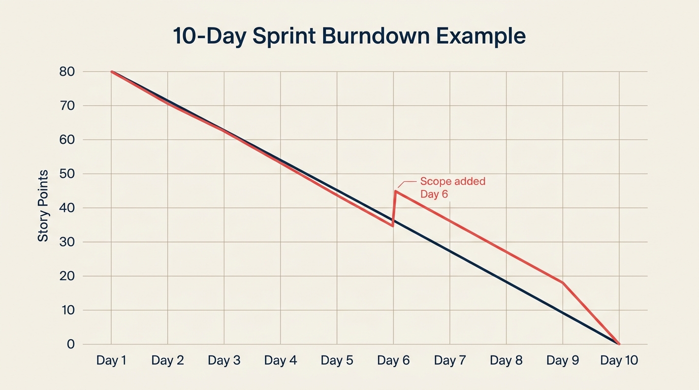 Sample burndown chart for a 10-day sprint showing scope creep on day 6