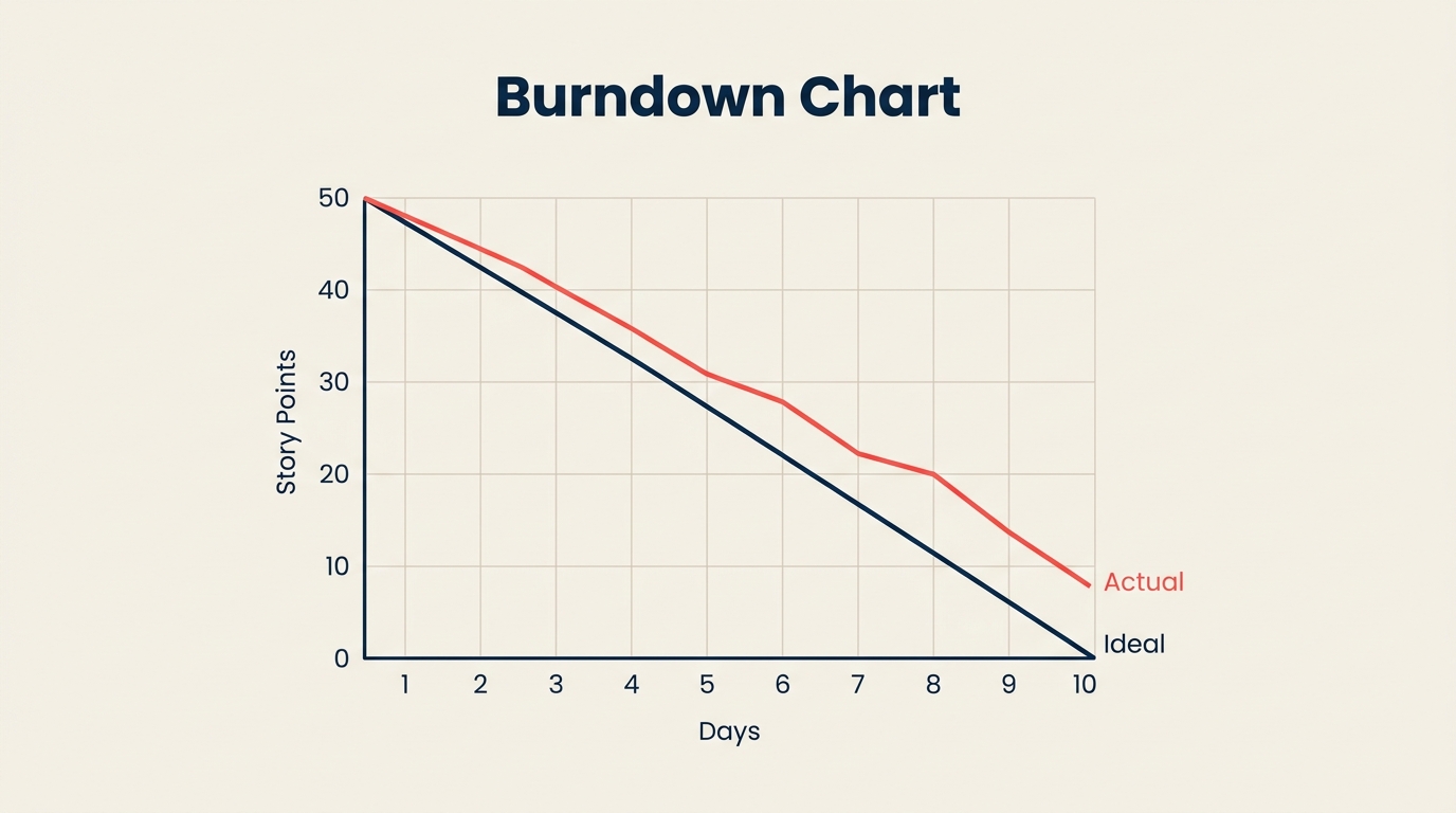 Burndown chart with ideal line and actual progress line