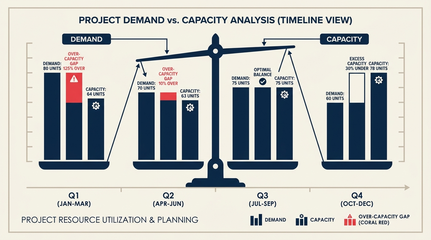 Capacity planning chart comparing work demand against available resource capacity