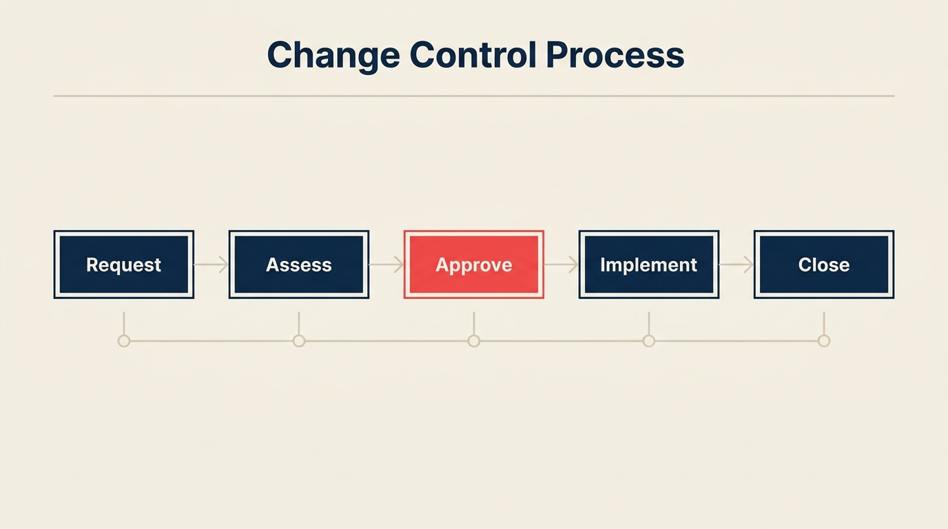Change control process flow showing request, assess, approve, implement, and close steps