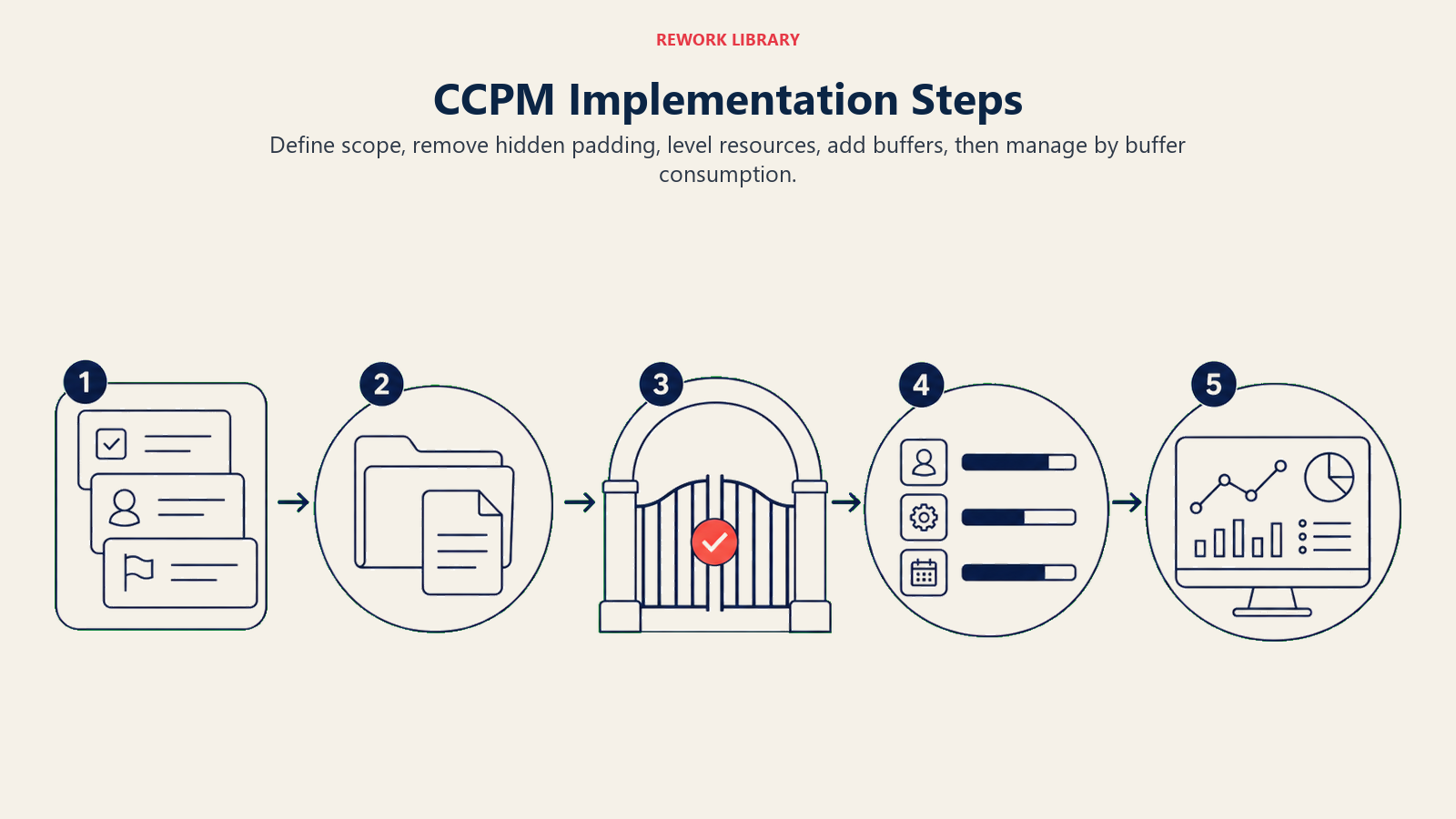 CCPM Implementation Steps illustrated by a wide five-stage route from task cards through a resource gate to buffer monitoring