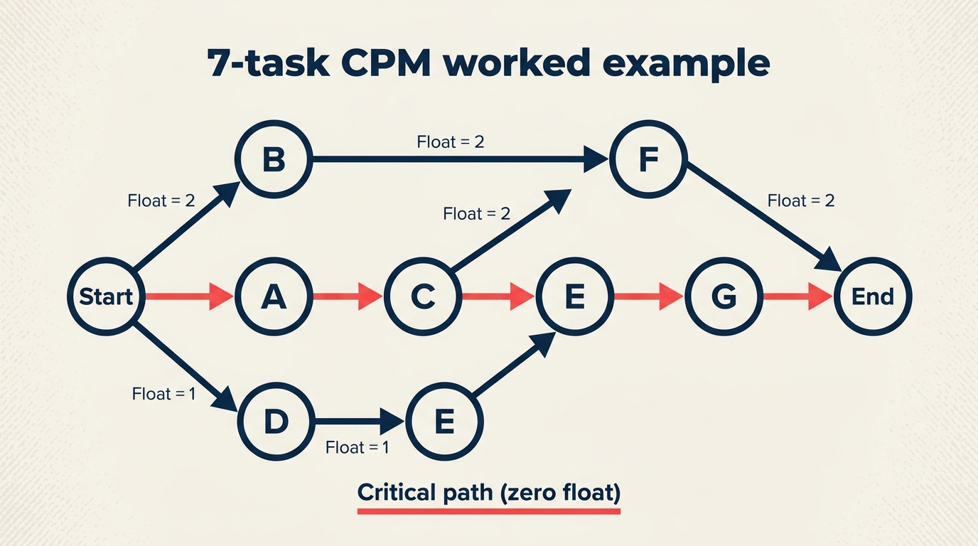 Worked CPM example: 7-task network with float calculated and the zero-float chain highlighted as the critical path