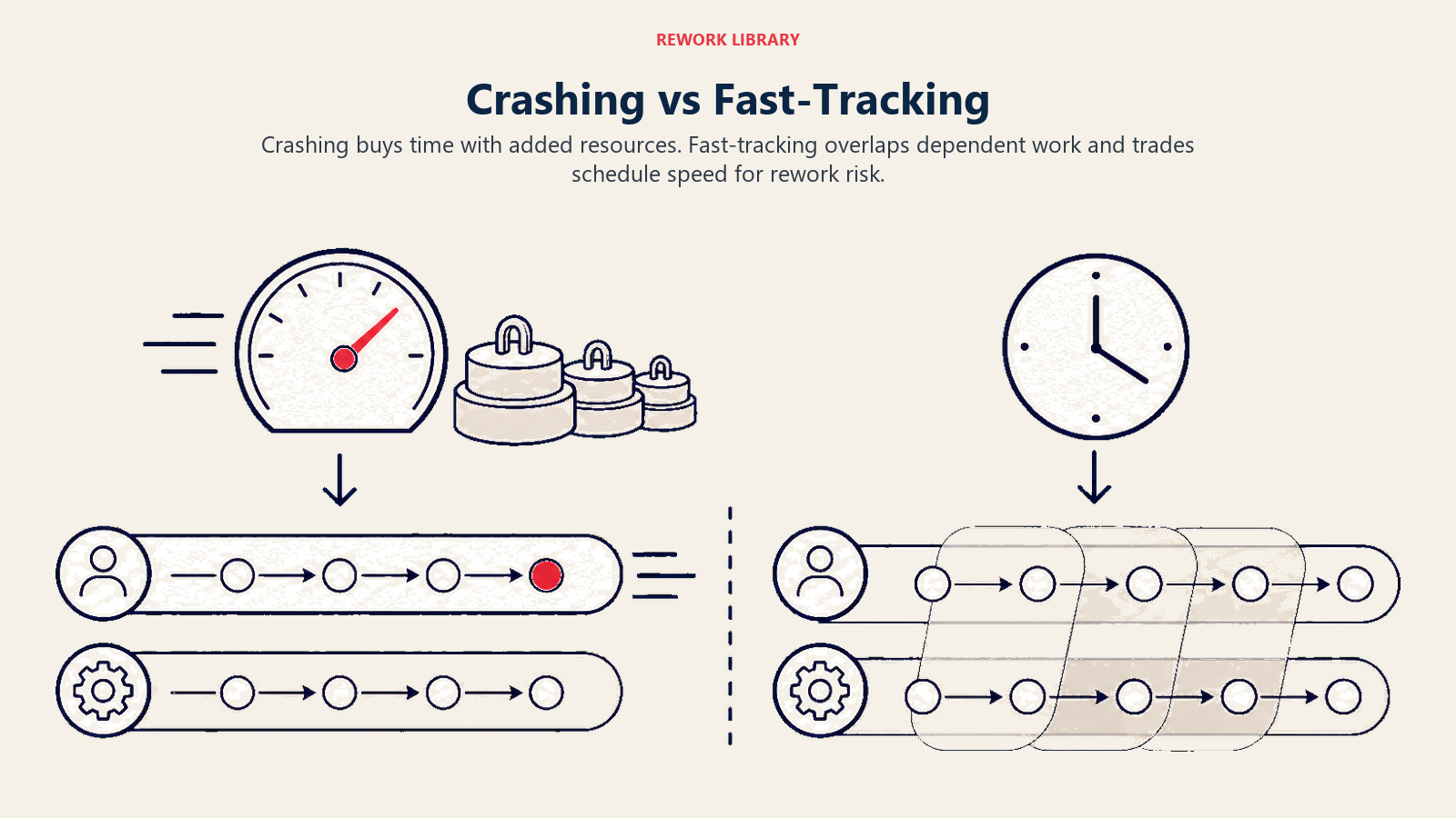 Crashing vs Fast-Tracking shown as two wide compression methods: extra weights accelerating one task lane and overlapping translucent task bands on the other