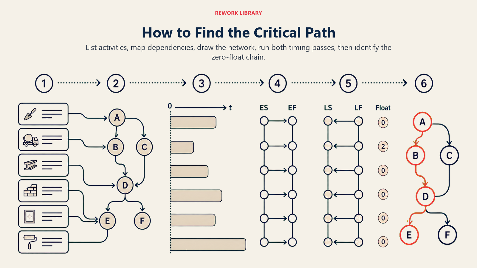 How to Find the Critical Path shown as a six-stage wide route from activity cards through dependency links and timing sweeps to one highlighted zero-float path