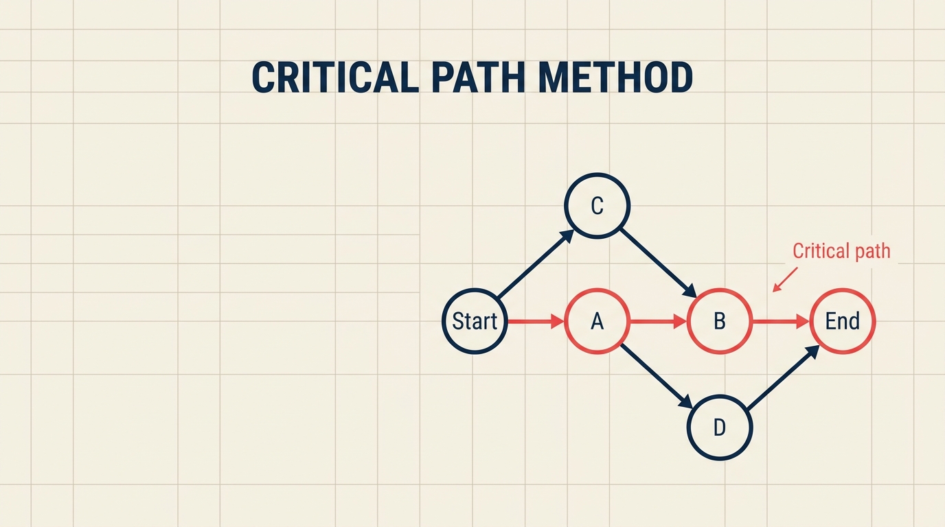 Critical path method network diagram with the longest path highlighted