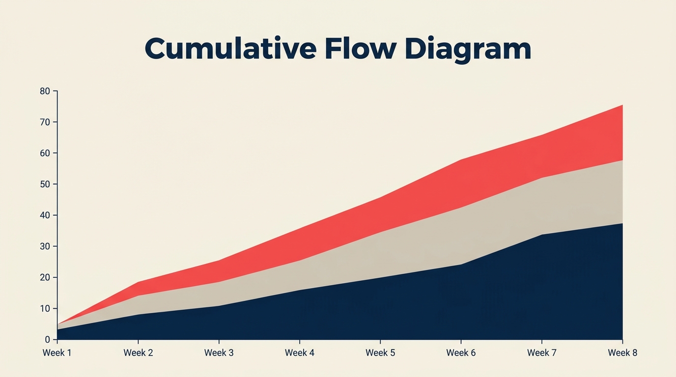 Cumulative flow diagram showing stacked colored bands of work over time