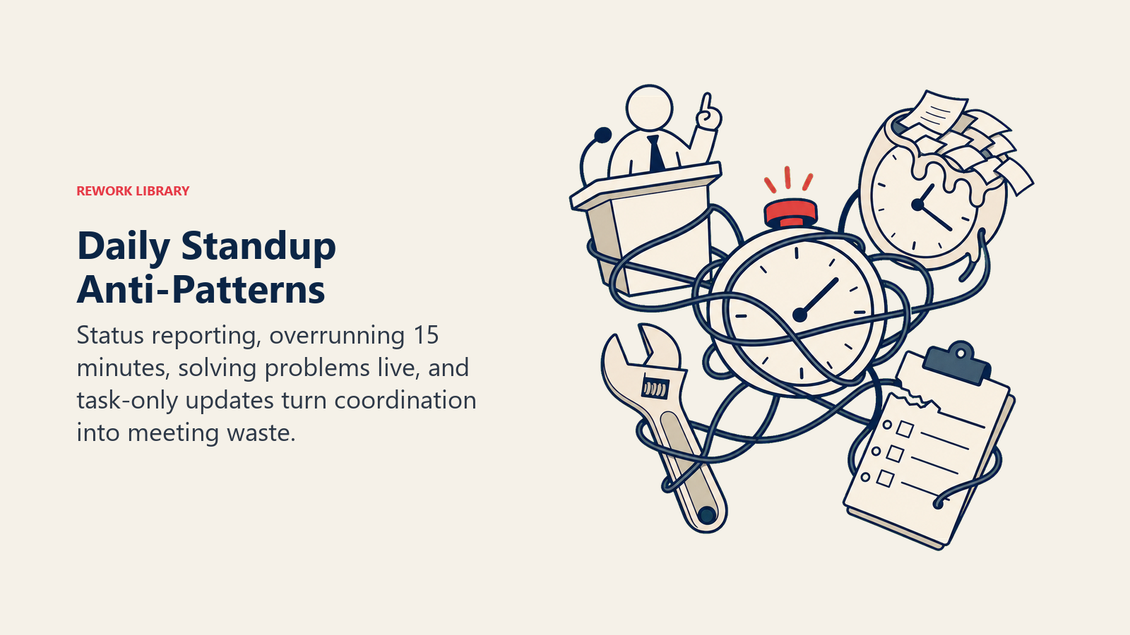 Daily Standup Anti-Patterns shown as status reporting, overruns, deep dives, and task-only updates