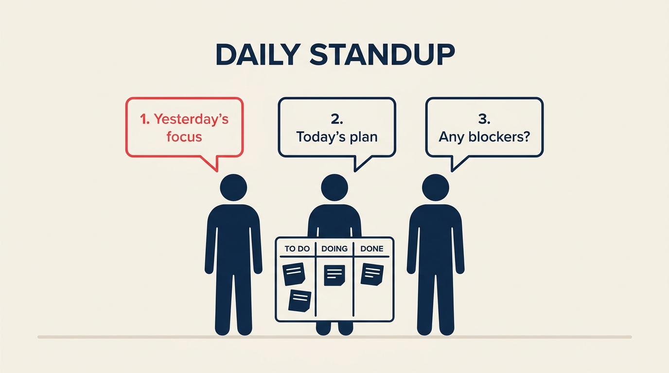 Daily standup scrum meeting with three team members and the three questions