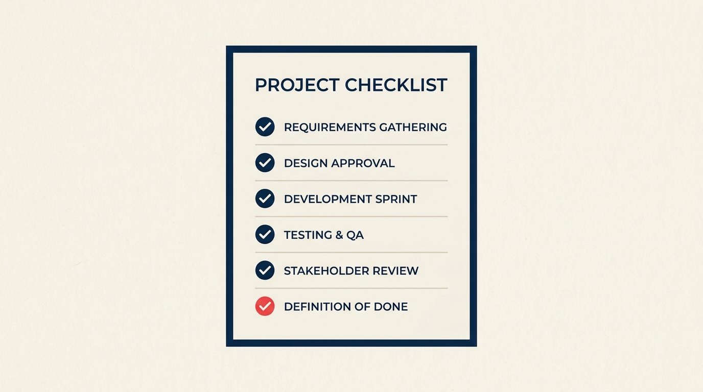Definition of done checklist with navy checkmarks and one final coral checkmark signaling work is complete