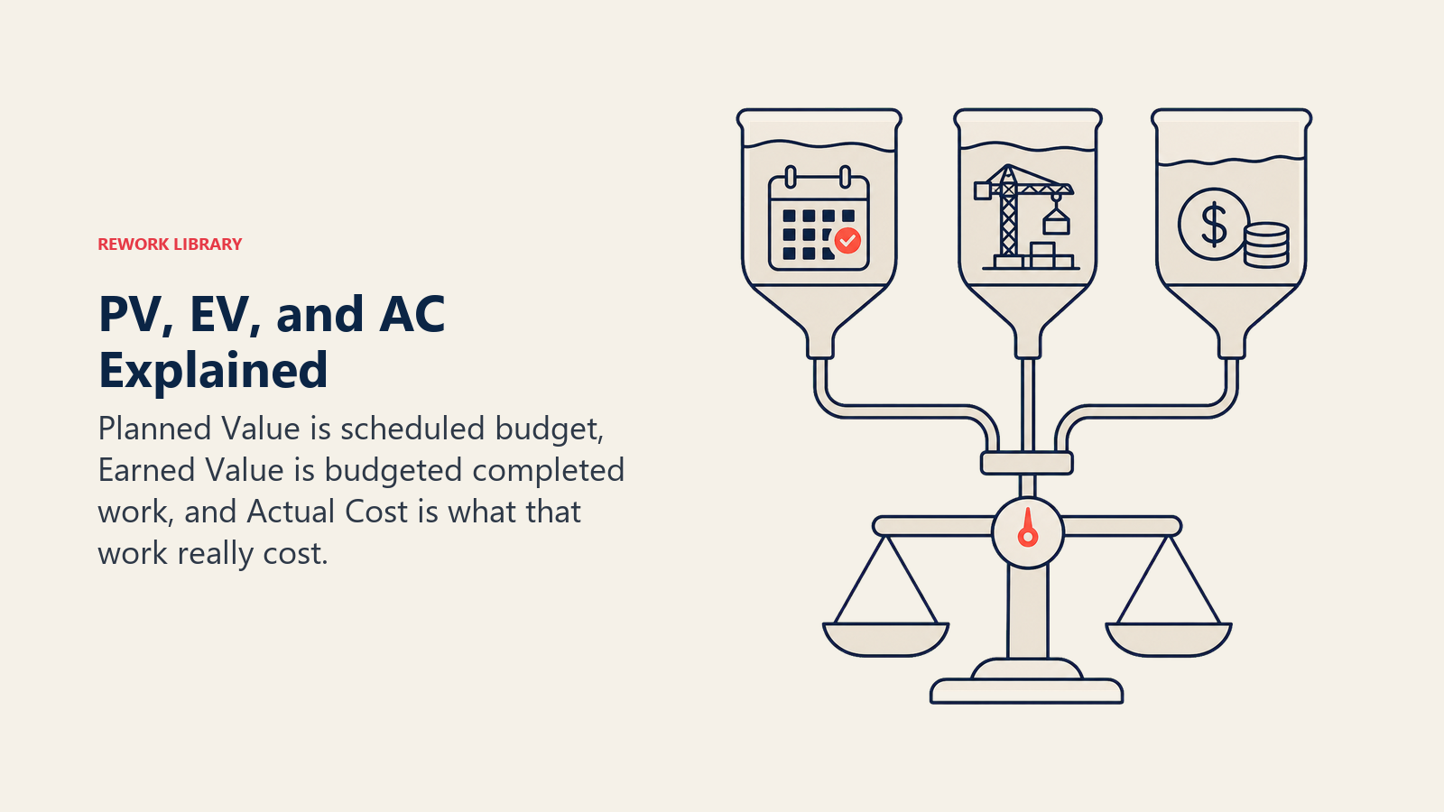 PV, EV, and AC Explained shown as three distinct vessels feeding one comparison scale: planned schedule vessel, completed-work vessel, and actual-spend vessel