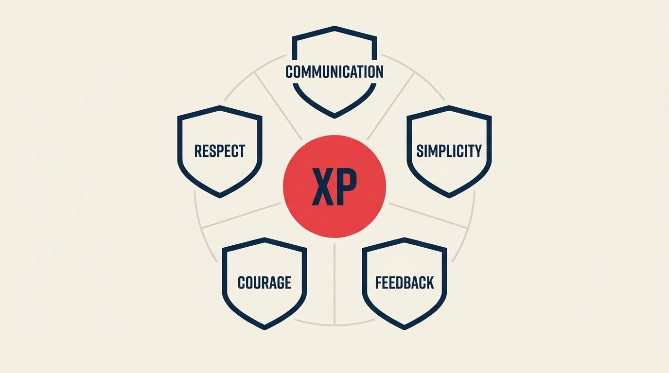 Extreme Programming (XP) values diagram showing Communication, Simplicity, Feedback, Courage, and Respect around a central XP core