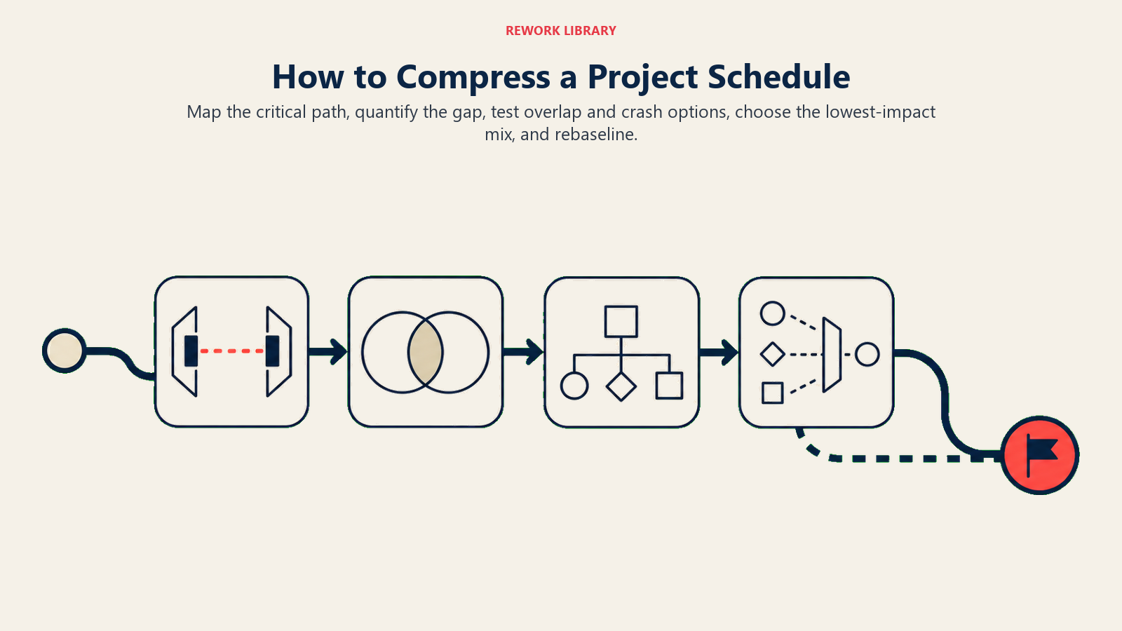 How to Compress a Project Schedule illustrated with critical path passing through compression decisions